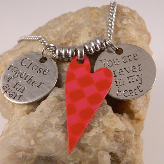 Close Together or Far apart you are Forever in my Heart Red checkered Heart Necklace